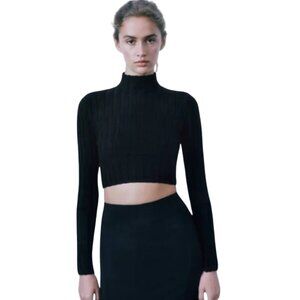 Zara Black Ribbed Knit Turtleneck Cropped Sweater Womens Size XS NWT